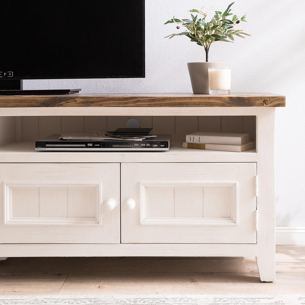 TV-LOWBOARD - Kiefer massiv, Kiefer Weiß - Weiß, Holz (196/60/42cm) - home24