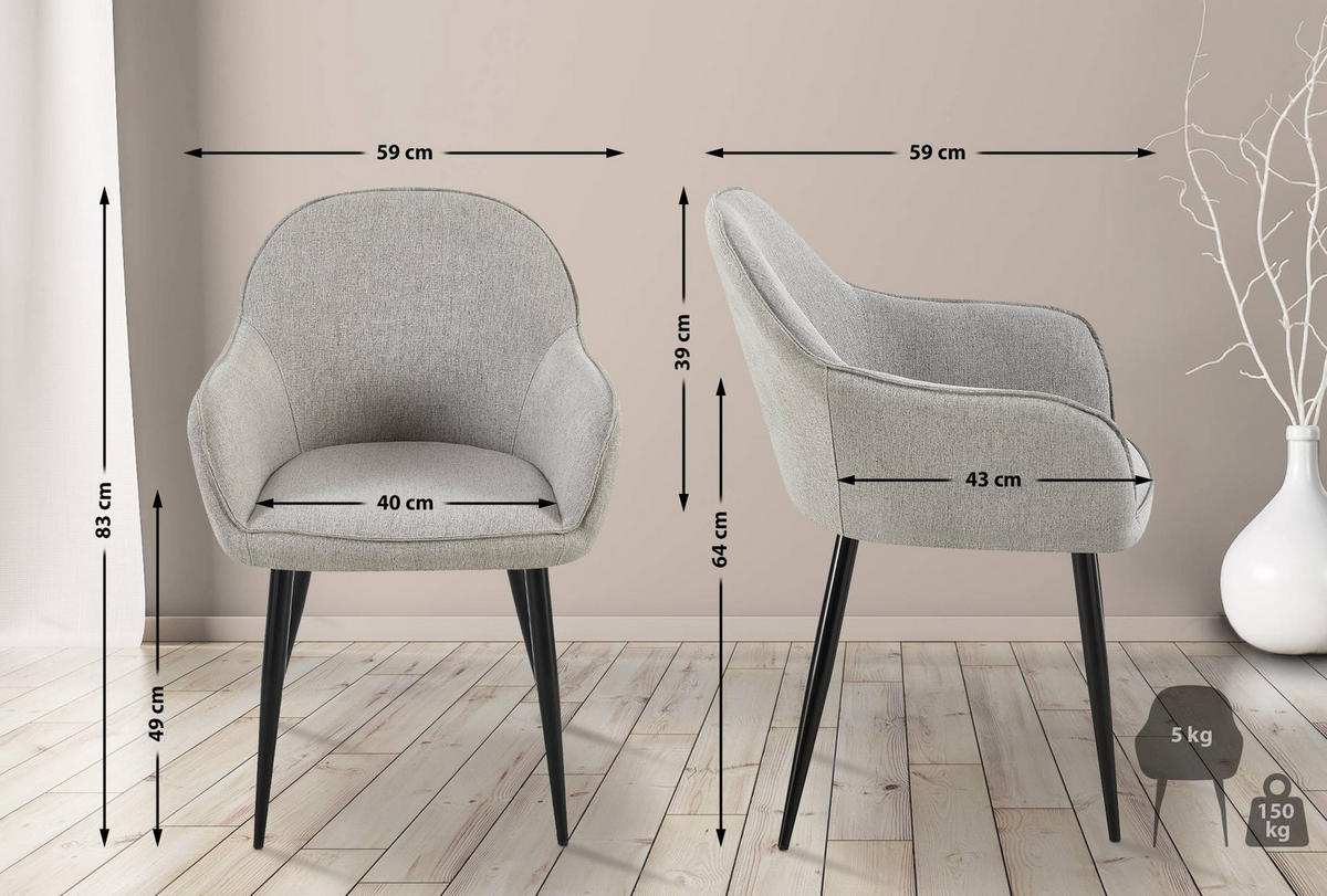 WOHNZIMMERSTUHL 2er Set Stoff grau - Schwarz/Grau, Textil/Metall (60/84/60cm) - CLP