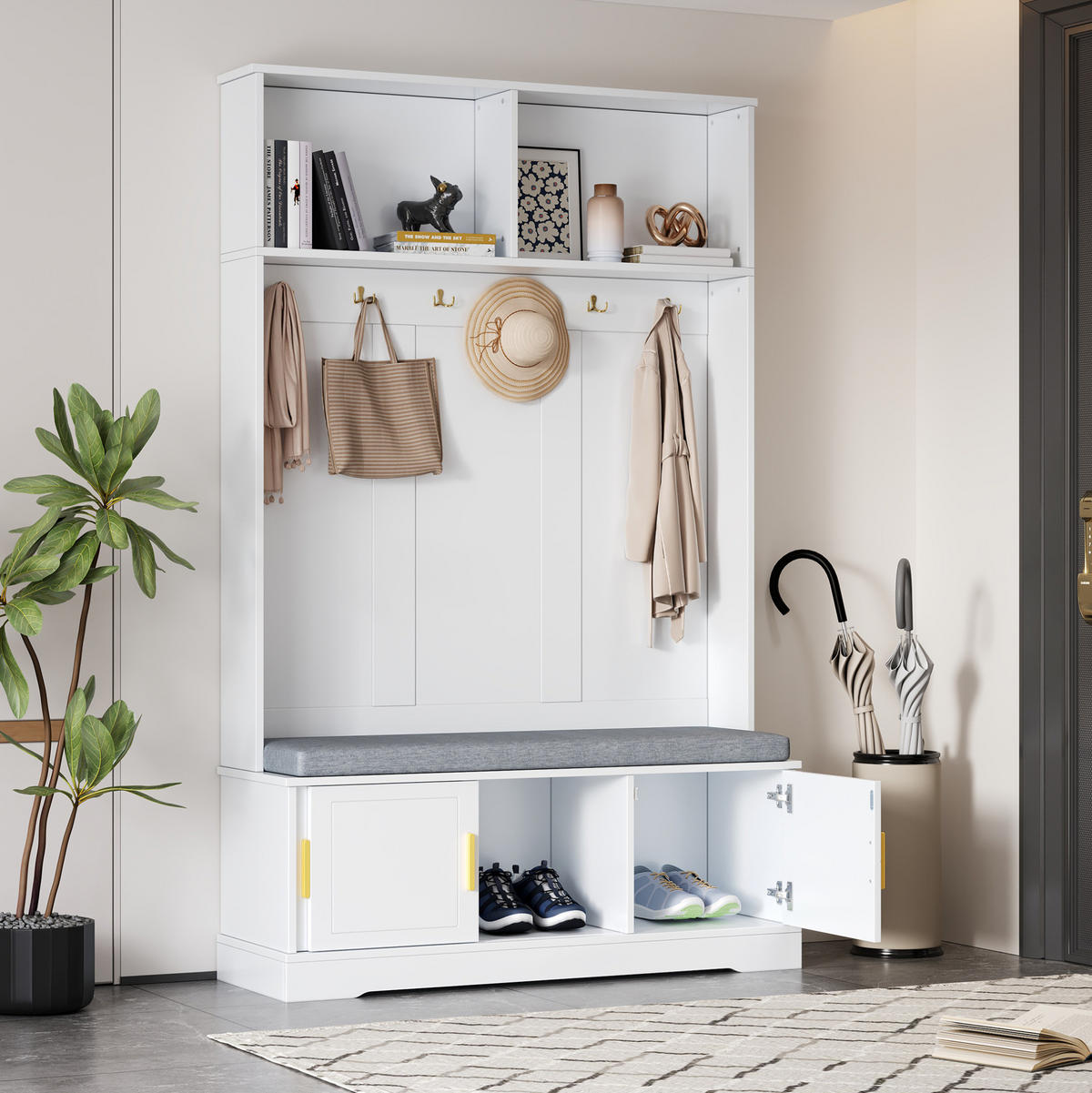 PREDSIEŇOVÝ vešiak 120/40/191 cm s lavicou, policou na topánky a 6 trojitými háčikmi z drevotriesky, Biela - biela, kompozitné drevo (40/191/120cm) - Redom