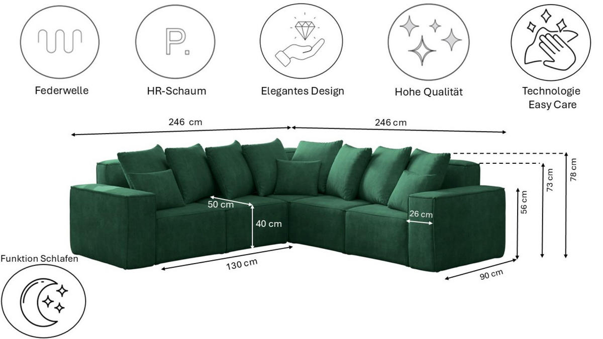 ECKSOFA Corner Ella Stoff Noel Velours Grün - Grün, Holz/Textil (246/246cm) - Kaiser Möbel