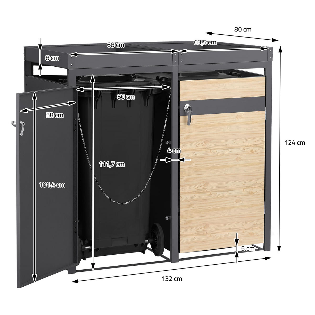 MÜLLTONNENBOX 3er mit Pflanzdach Anthrazit-Lärchenoptik - Hellbraun, Metall (200/124/80cm) - ML-DESIGN