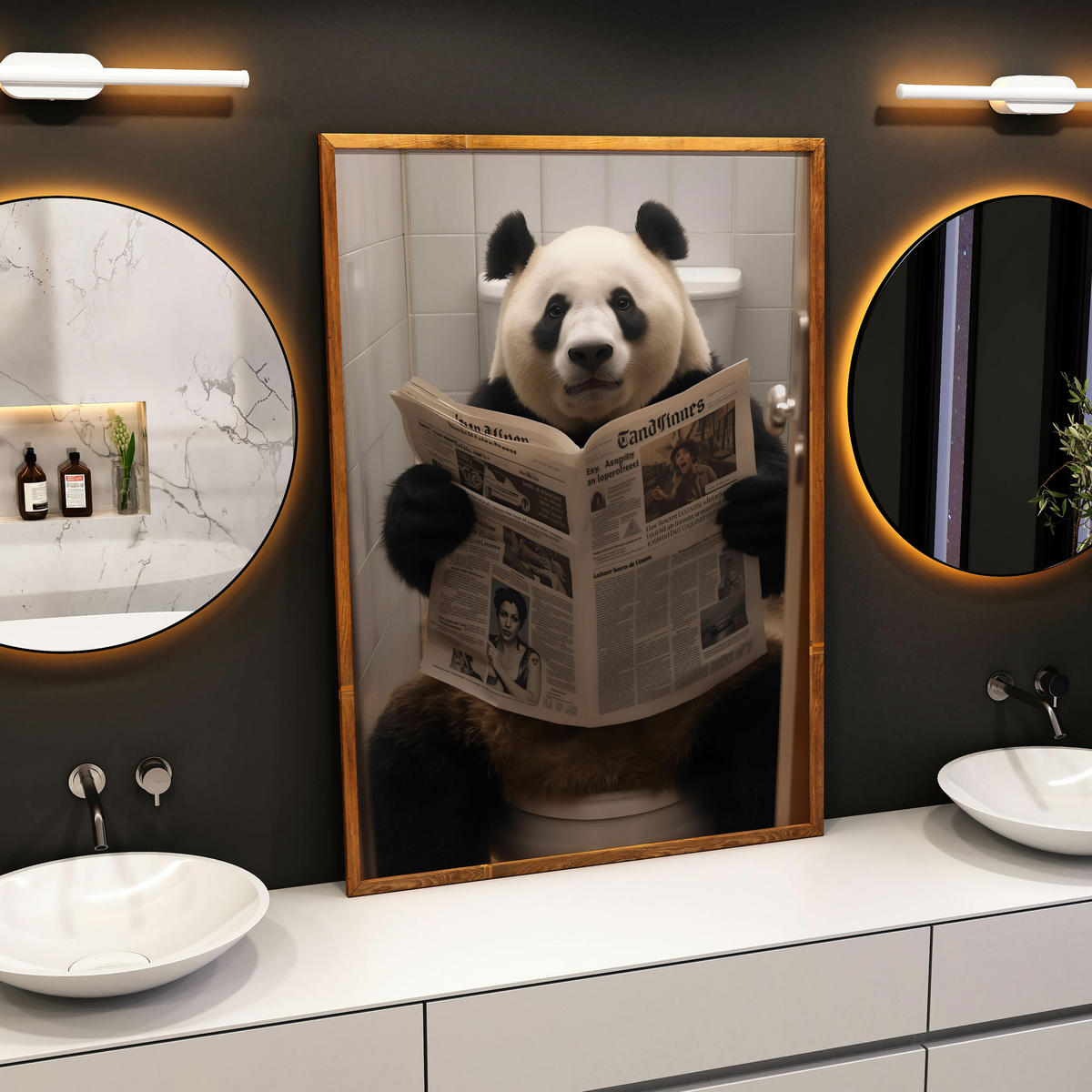 POSTER für Badezimmer WC PANDA auf Toilette mit Zeitung Abstraktion 30x40cm - Beige/Schwarz, Papier (30/40/40cm) - Muralo