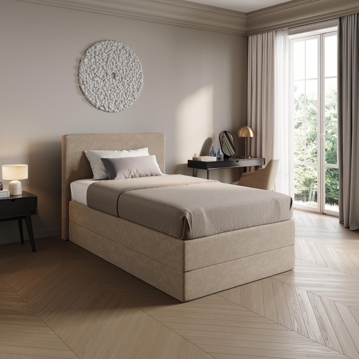 BOXSPRINGBETT mit Bonnell Matratze, mit Kopfteil, 140 x 200 cm, in Beige - Beige, Naturmaterialien (140/200cm) - Home Collective