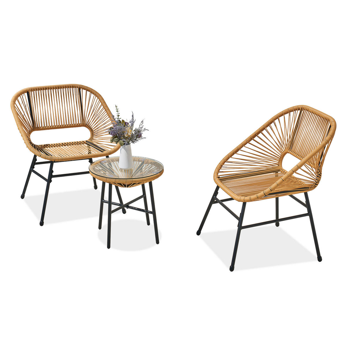 GARTENSET Malika 2 Sessel und Tisch mit Glasplatte, mit Metallrahmen, Beige - Beige/Schwarz, Metall - Beautysofa