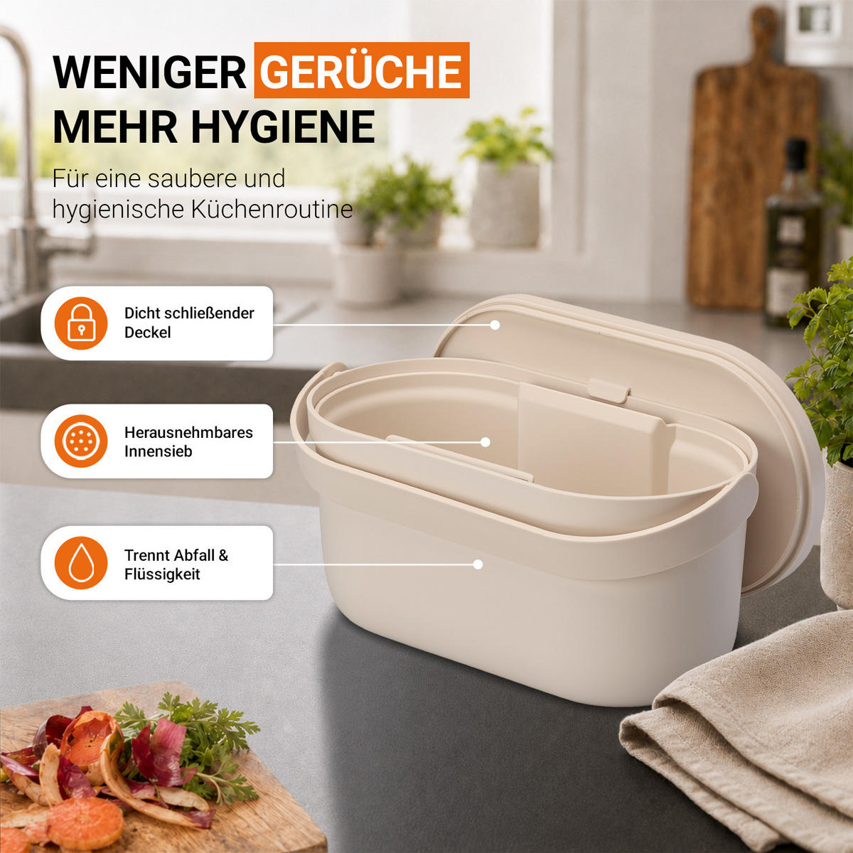 BIOMÜLLEIMER 5 L, sandbeige - Beige, Kunststoff (16/16/31cm) - GARANTIA