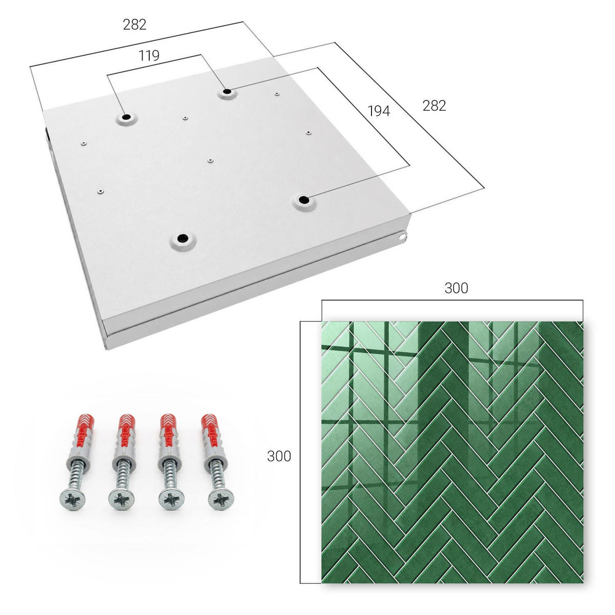SCHLÜSSELBOX Weiß 30x30 cm – Türöffnung nach rechts - Grünes Fischgrätmuster - Grün, Metall (30/30/5cm) - TULUP