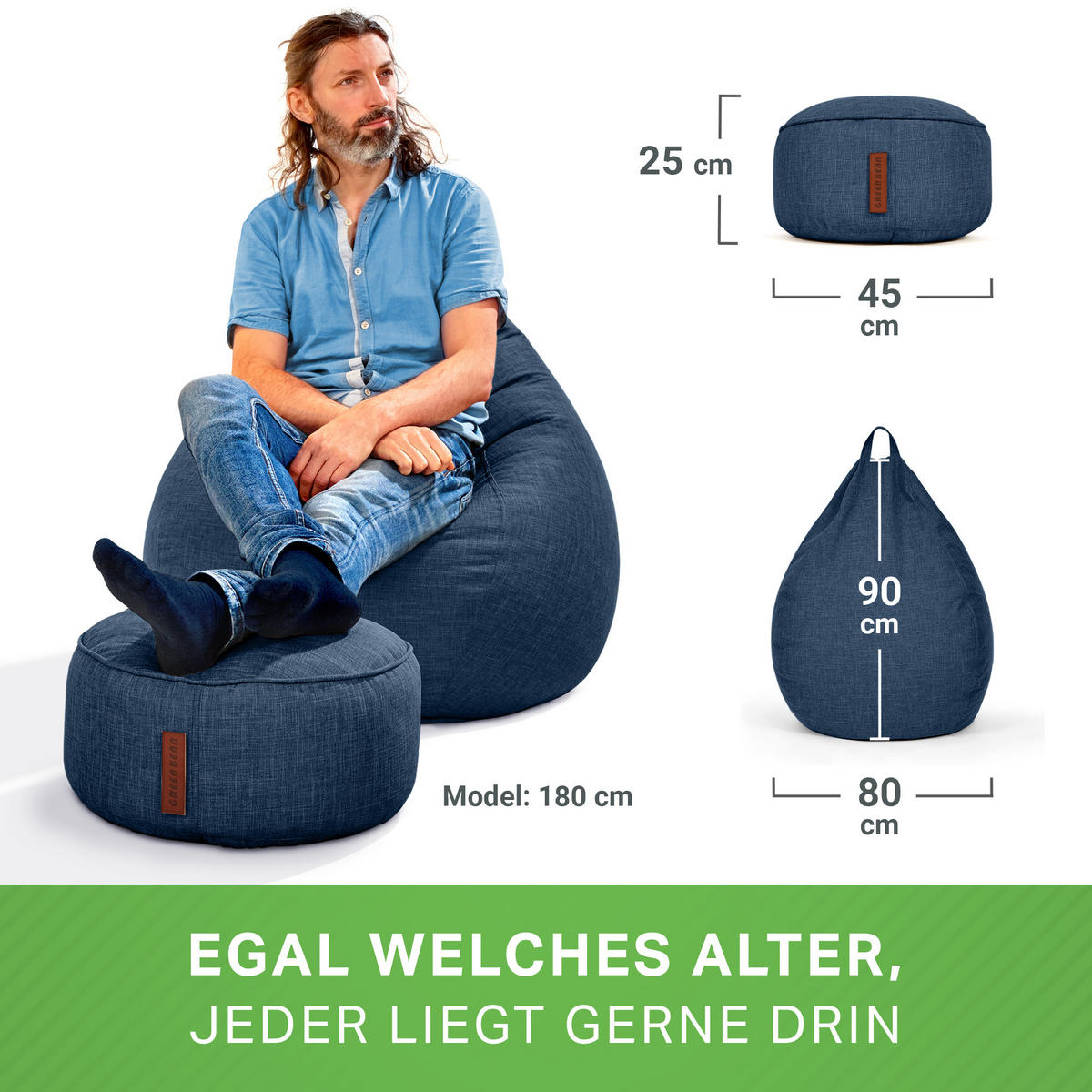 SITZSACK Indoor Set "Home Linen“+Hocker - Dunkelblau, Textil (80/90/50cm) - Green Bean