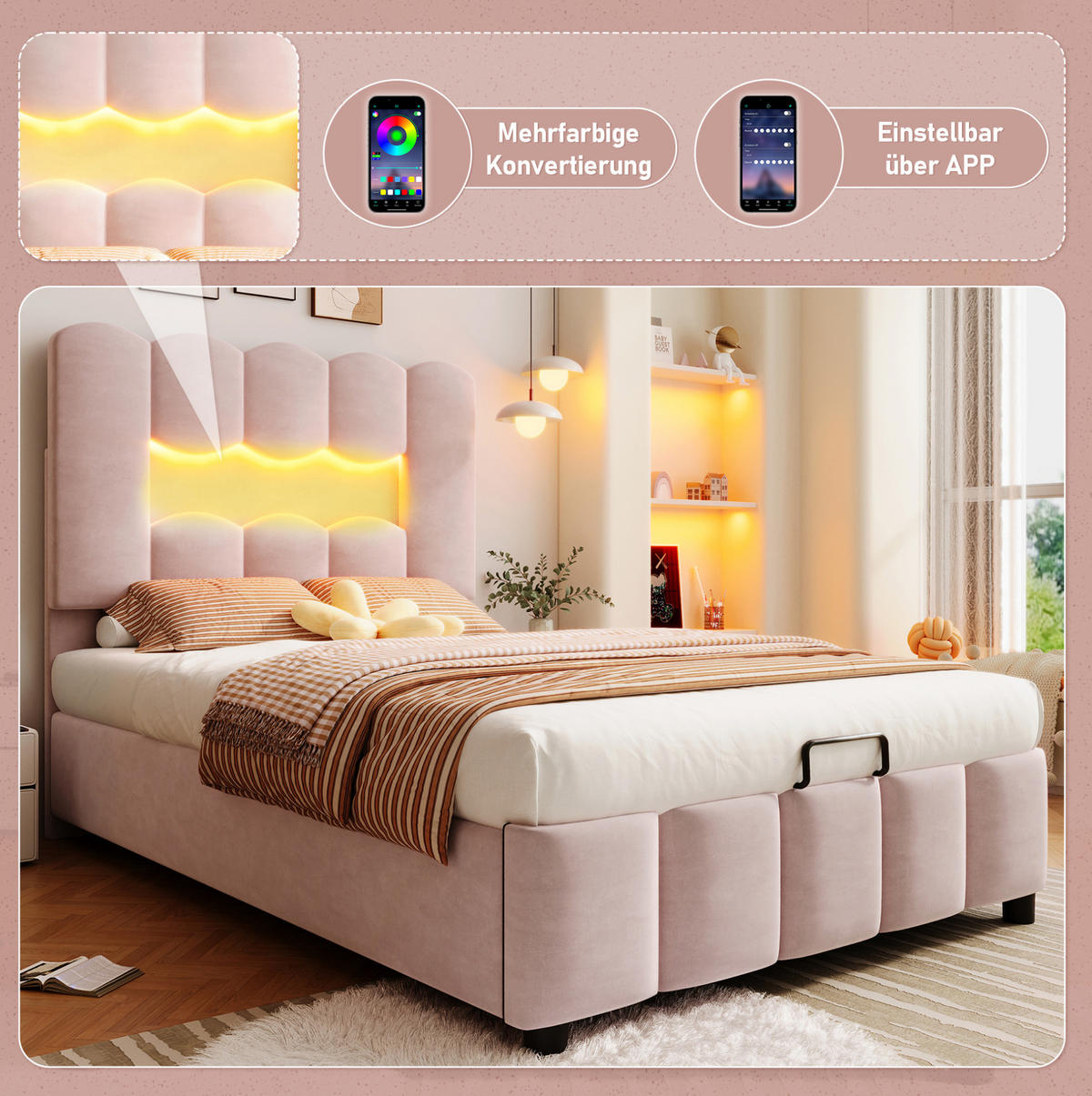 POLSTERBETT mit LED-Beleuchtung 90/200 cm mit Bettkasten in Rosa - Rosa, Textil (90/200cm) - BEAOK
