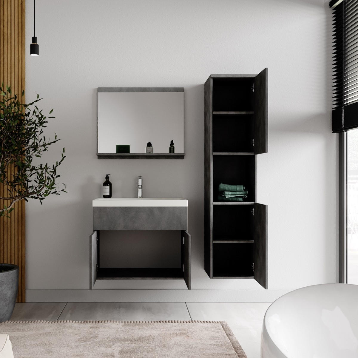 BADMÖBEL-SET Montreal 4 Teile Dunkel Grau - 60 x 35 x 51 cm - Grau, Holz (60/51/35cm) - Badplaats