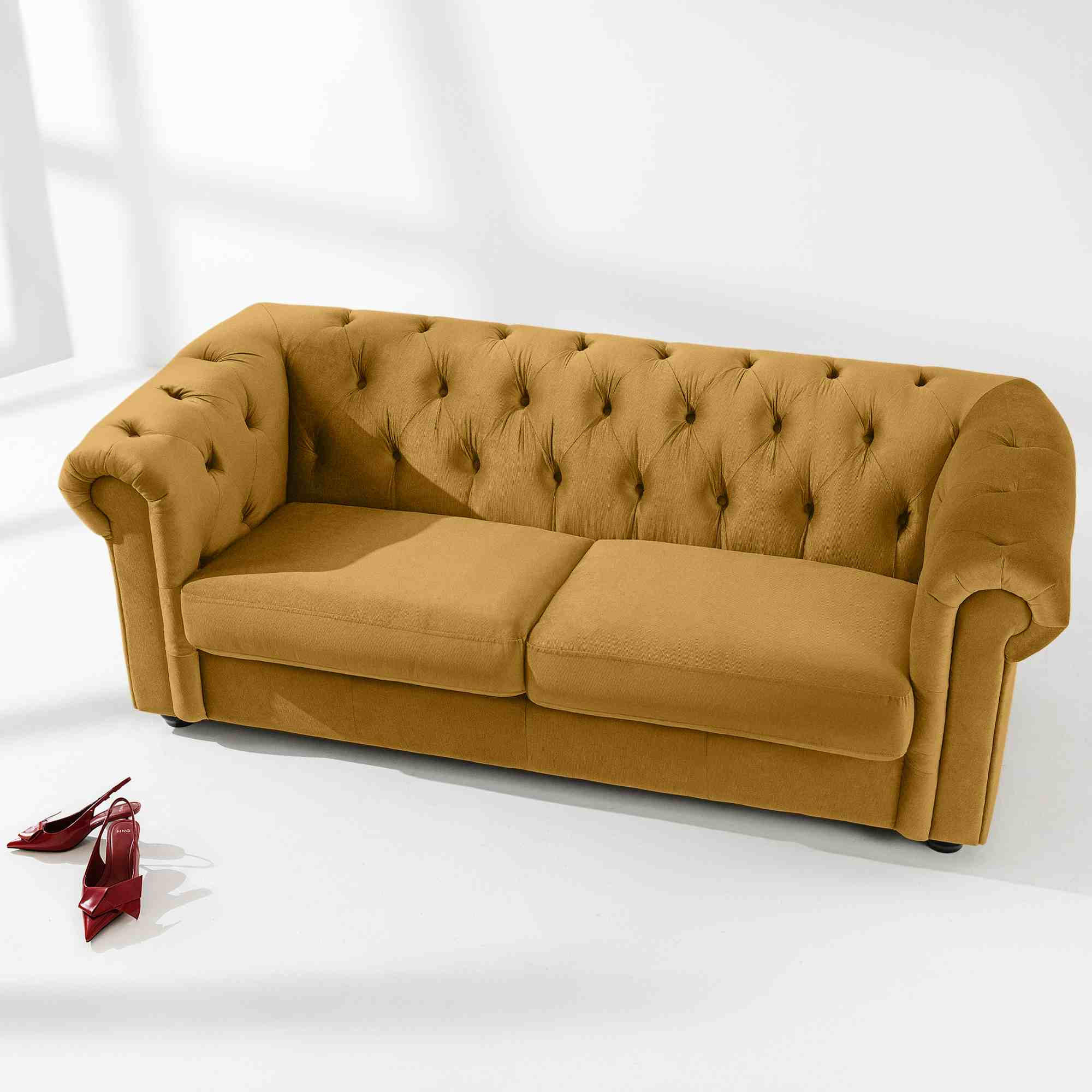 3-SITZER-SOFA GRAVO Chesterfield, Velours - Wengefarben/Gelb, Leder/Holz (202/72/95cm) - KONSIMO®