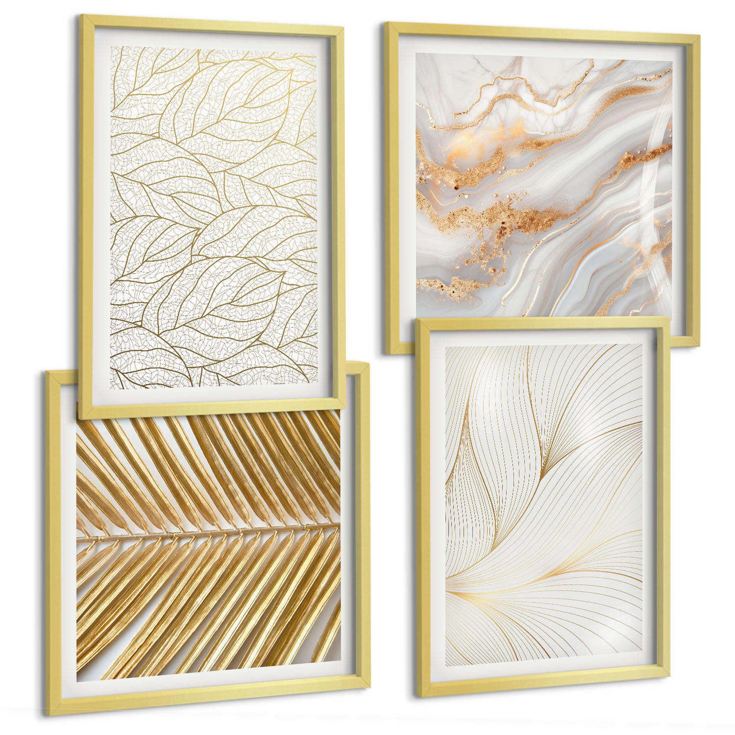 BILDER SET 4er Set - 50x50 cm & 40x60 cm Goldrahmen - Blattmuster Marmor abstrakt - Goldfarben, Kunststoff (50/50cm) - TULUP