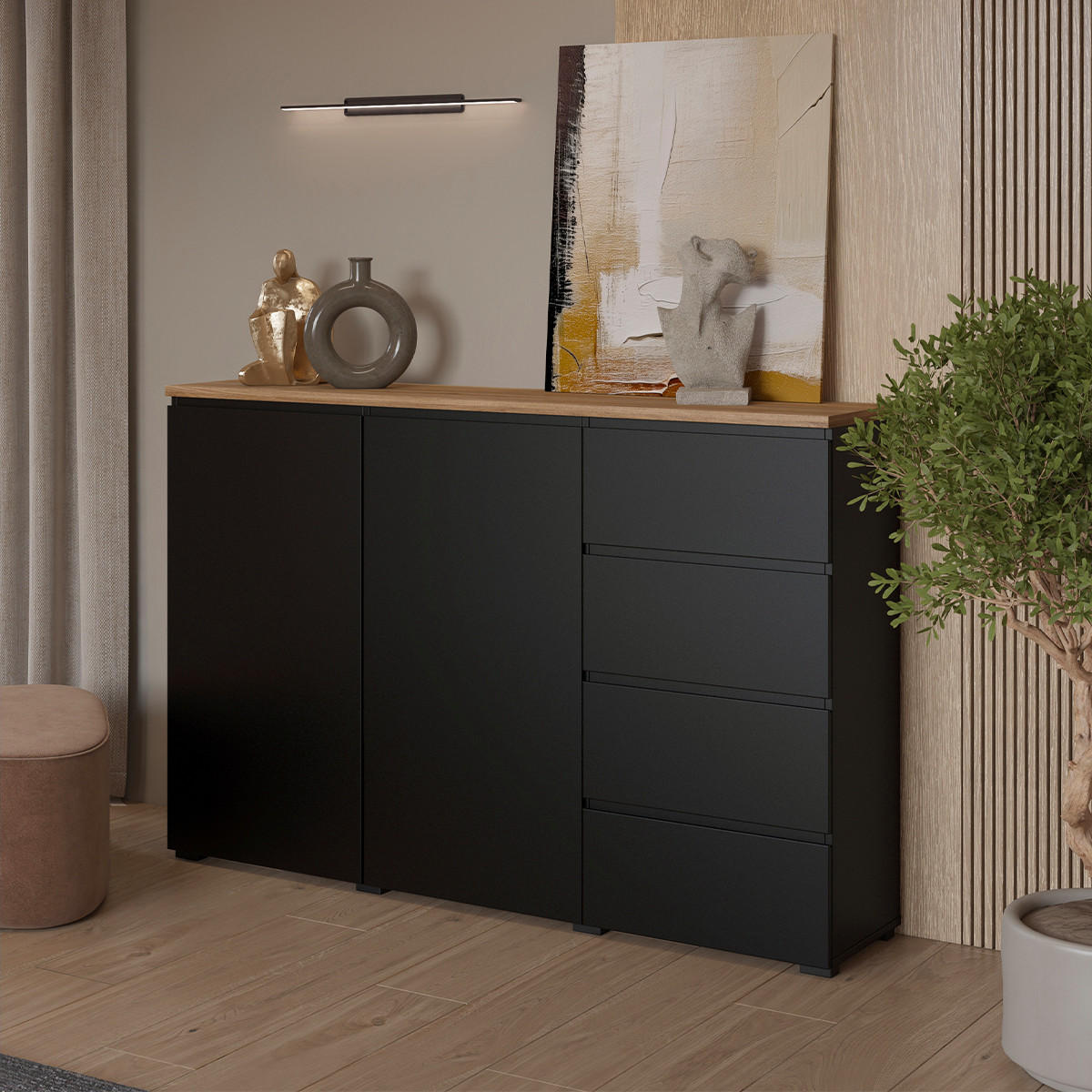 SIDEBOARD Liko Schwarz und Holz - Schwarz, Holzwerkstoff (150/100.4/34.5cm) - Petits-meubles