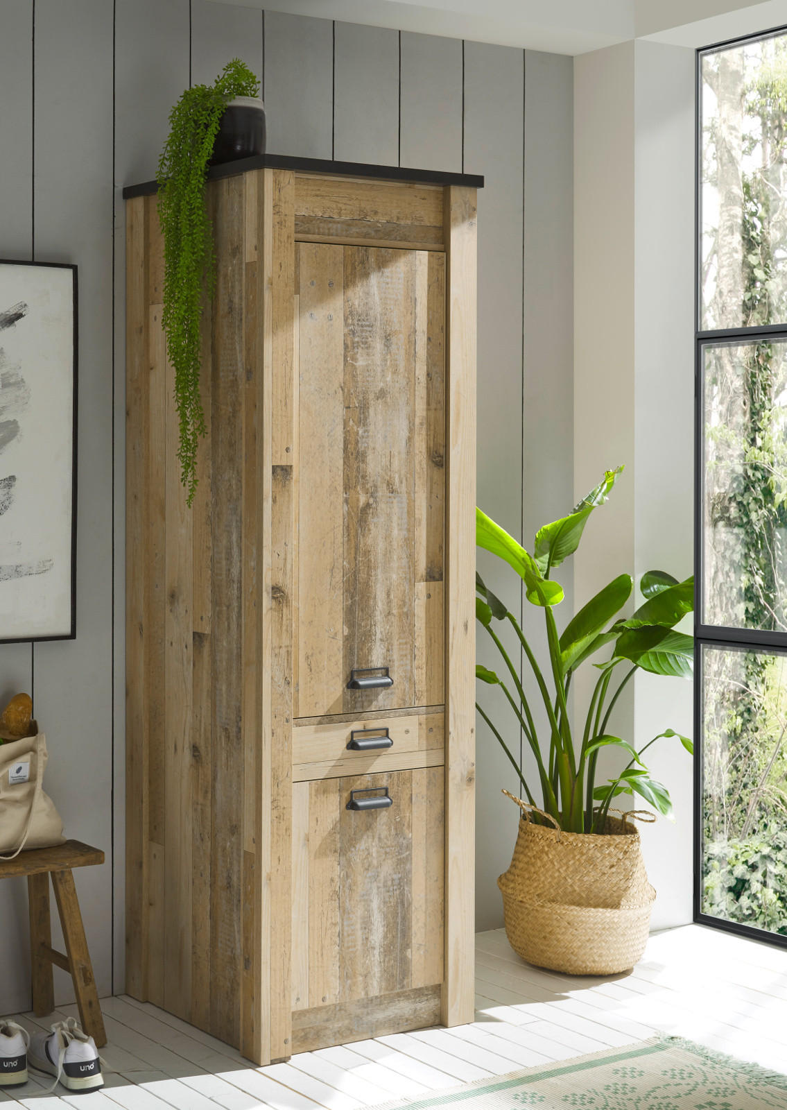 HOCHSCHRANK Used Wood hell, anthrazit 62 cm, Küchenschrank mit Soft-Close - Anthrazit/Schwarz, Holzwerkstoff/Metall (62/201/64cm) - Furn.Design