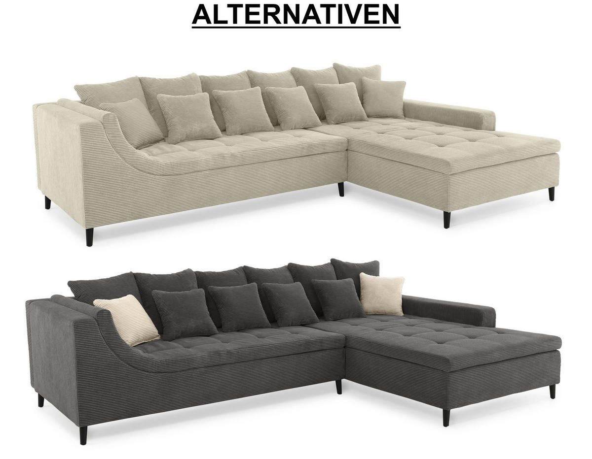 ECKSOFA mit dekorativen Steppungen und Rutschenlehne, seitenverkehrt montierbar B326/T213/H91 cm, Cord Grau Anthrazit / 15222 - Schieferfarben/Anthrazit, Textil/Metall (326/213cm) - luma-home
