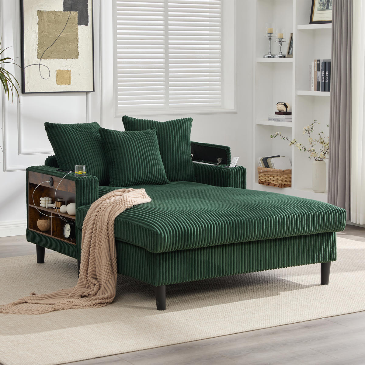 CHAISELONGUE Cord Smaragdgrün mit LED, Stauraum, USB und Becherhaltern - Smaragdgrün, Kunststoff/Textil (129/70/170cm) - WISHDOR