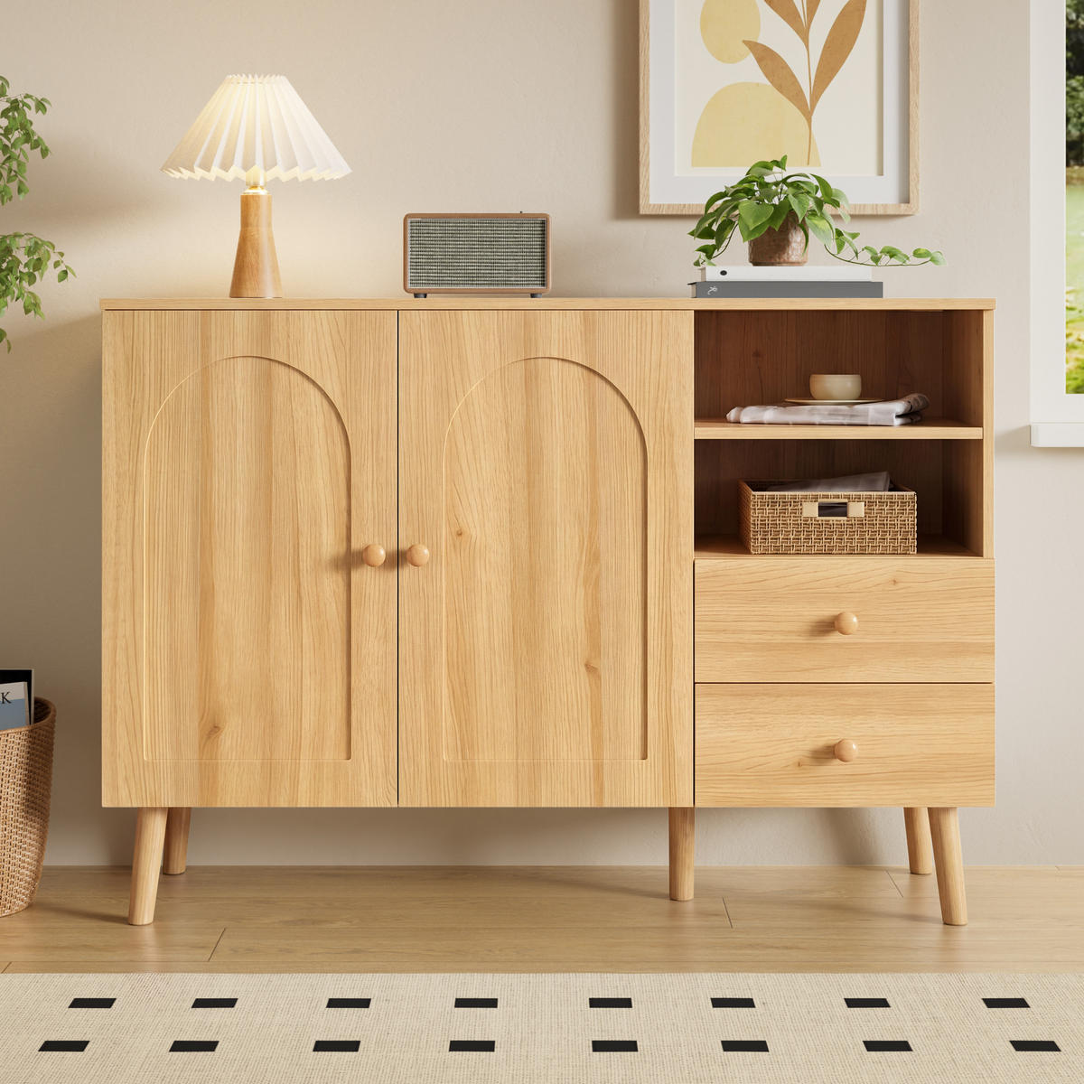 SIDEBOARD Holzoptik mit gewölbten Türen, Schubladen und offenen Fächern - Eichefarben, Holzwerkstoff (35/82/118cm) - Korfee