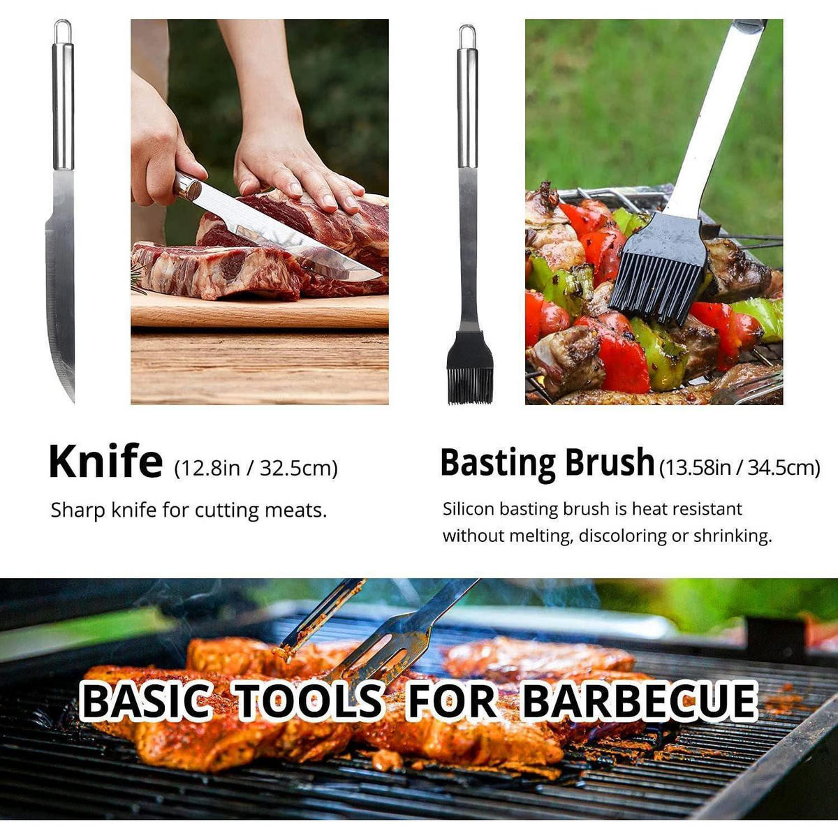 GRILLBESTECK 9-teiliges Set Edelstahl mit Tasche - Silberfarben, Metall (38.5cm)
