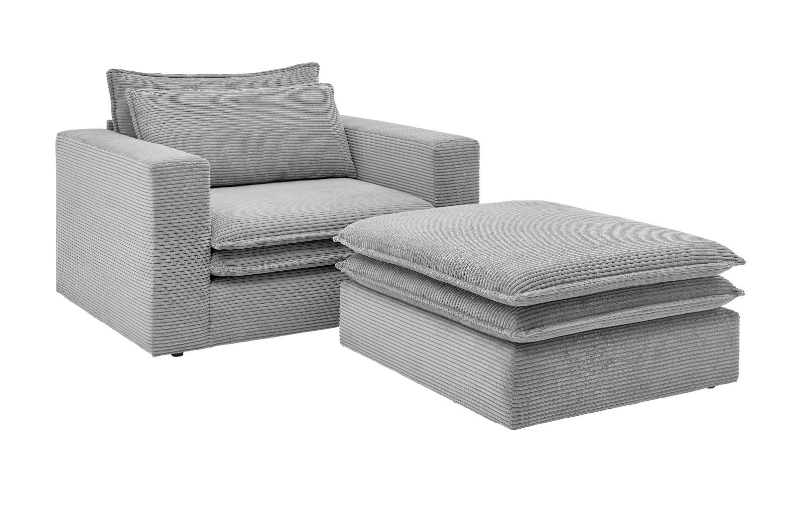 LOVESEAT Set hellgrau Cord, Loungesessel inklusive Hocker - Beige/Hellgrau, Holz/Kunststoff (110/83/161cm) - Furn.Design