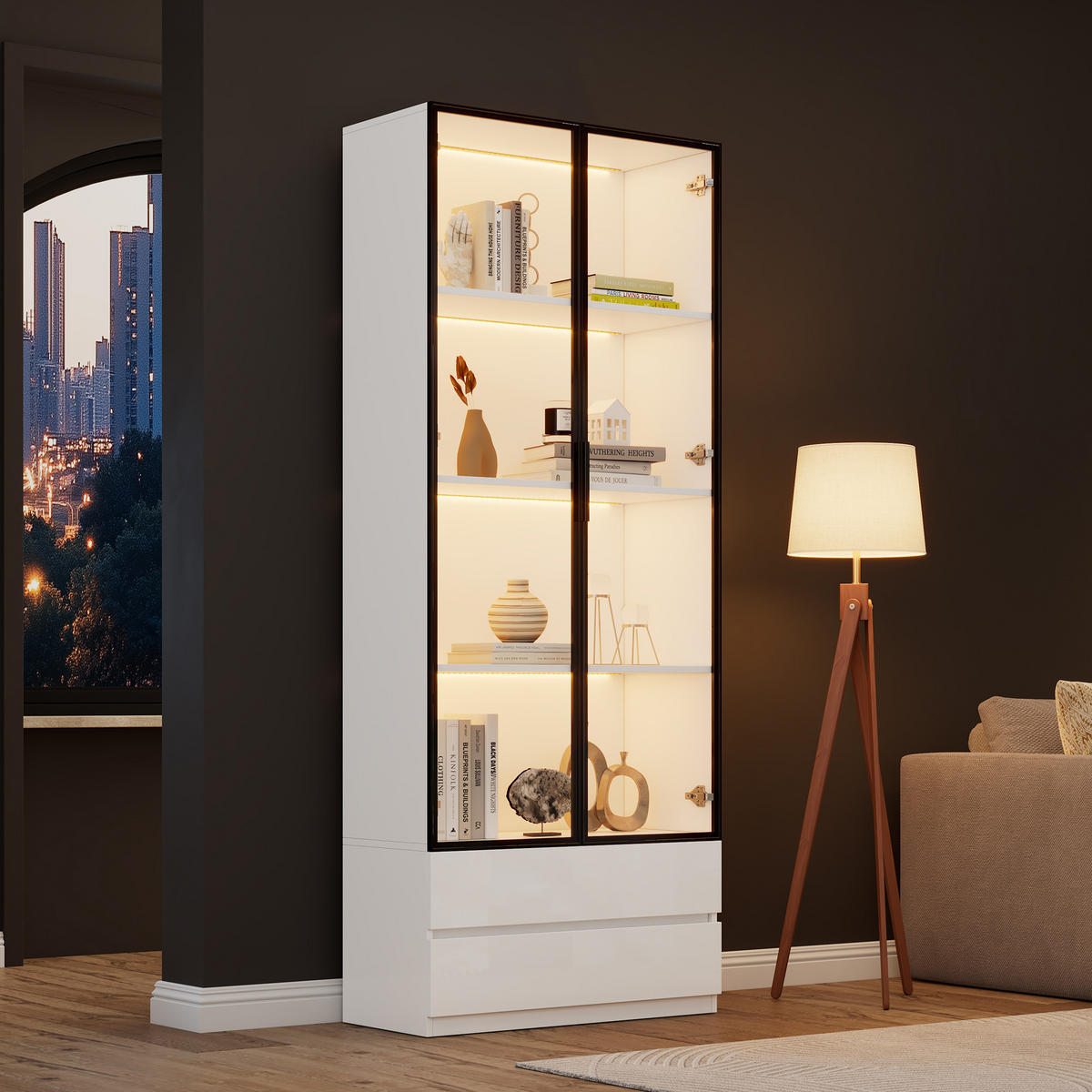 VITRINE LED Hochschrank 2 Türen 2 Schubladen Weiß - Weiß, Holzwerkstoff (80/200/34cm) - FLIEKS