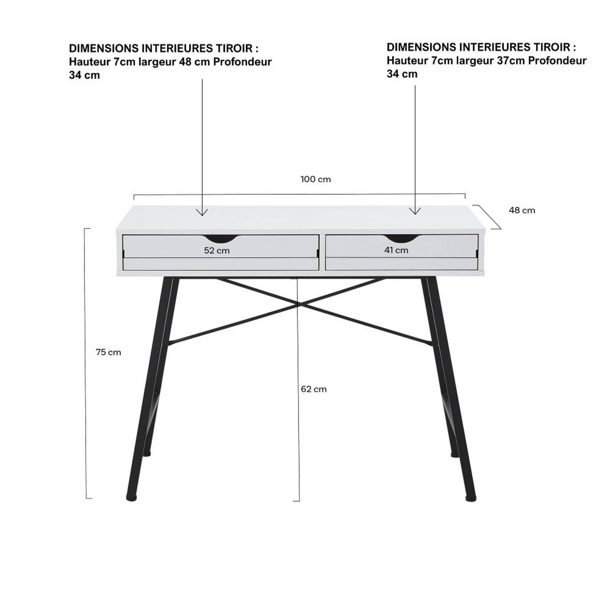 SCHREIBTISCH BOSTON mit Schublade/ Weiß und Schwarzes Metall - Schwarz/Weiß, Holzwerkstoff/Metall (120/50/151cm) - Weber Industries