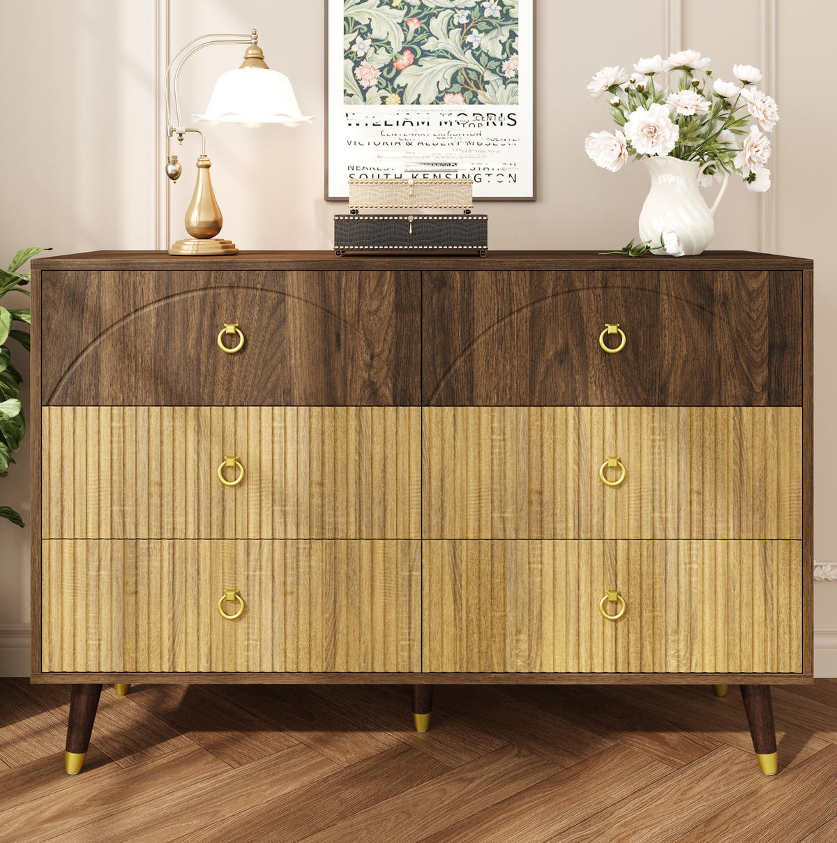KOMODA 120/40/81 cm s 6 predali, dvobarvnim retro videzom in MDF konstrukcijo, Naravna - naravne barve, leseni material (120/81/40cm) - Redom