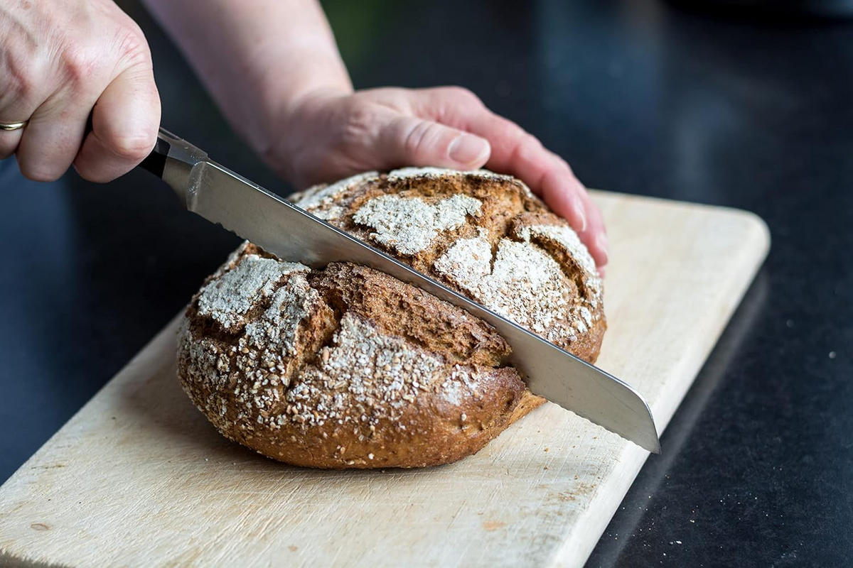 KÜCHENMESSER SET, 2-Teilig, Brotmesser 180mm, Santokumesser 165mm, Edelstahl, Profi Messer, Fleischmesser, Allzweckmesser, Küche, Schneideset, Scharf - Silberfarben/Schwarz, Kunststoff/Metall - Fissler
