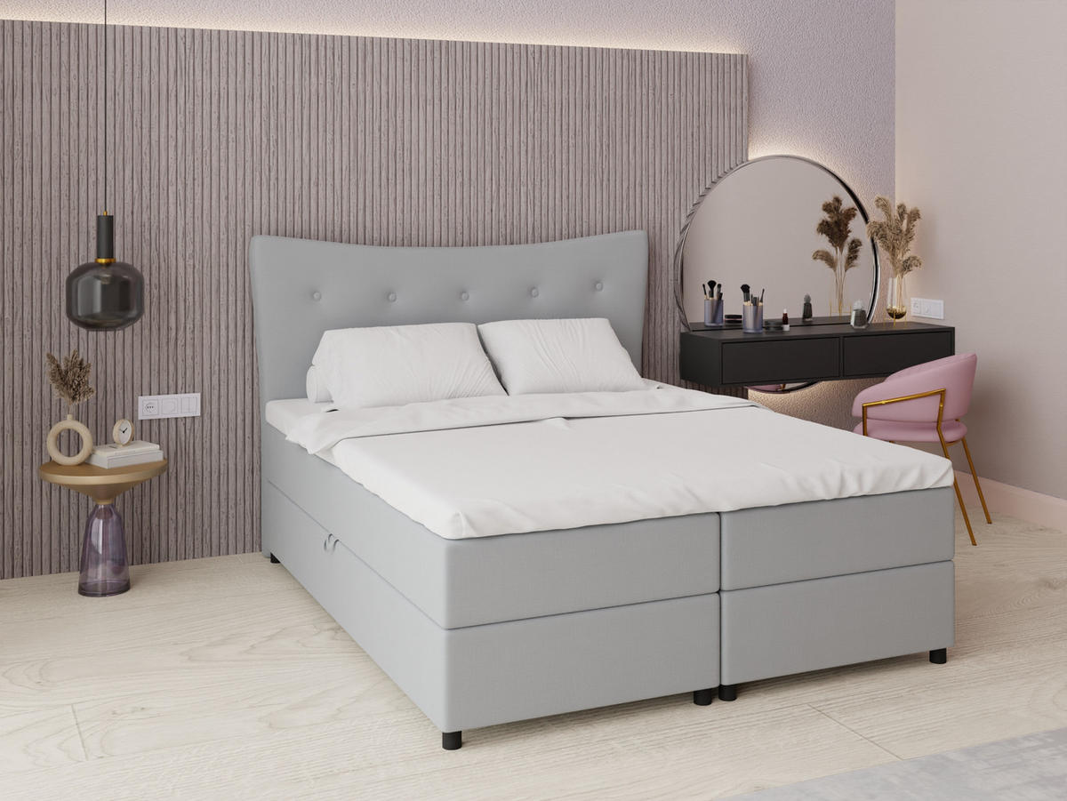 BOXBETT Nevada 160 x 200 cm Doppelbett mit hochwertiger Bonell-Matratze und Topper - grau - Grau, Holz (160/200cm) - Panda Möbel