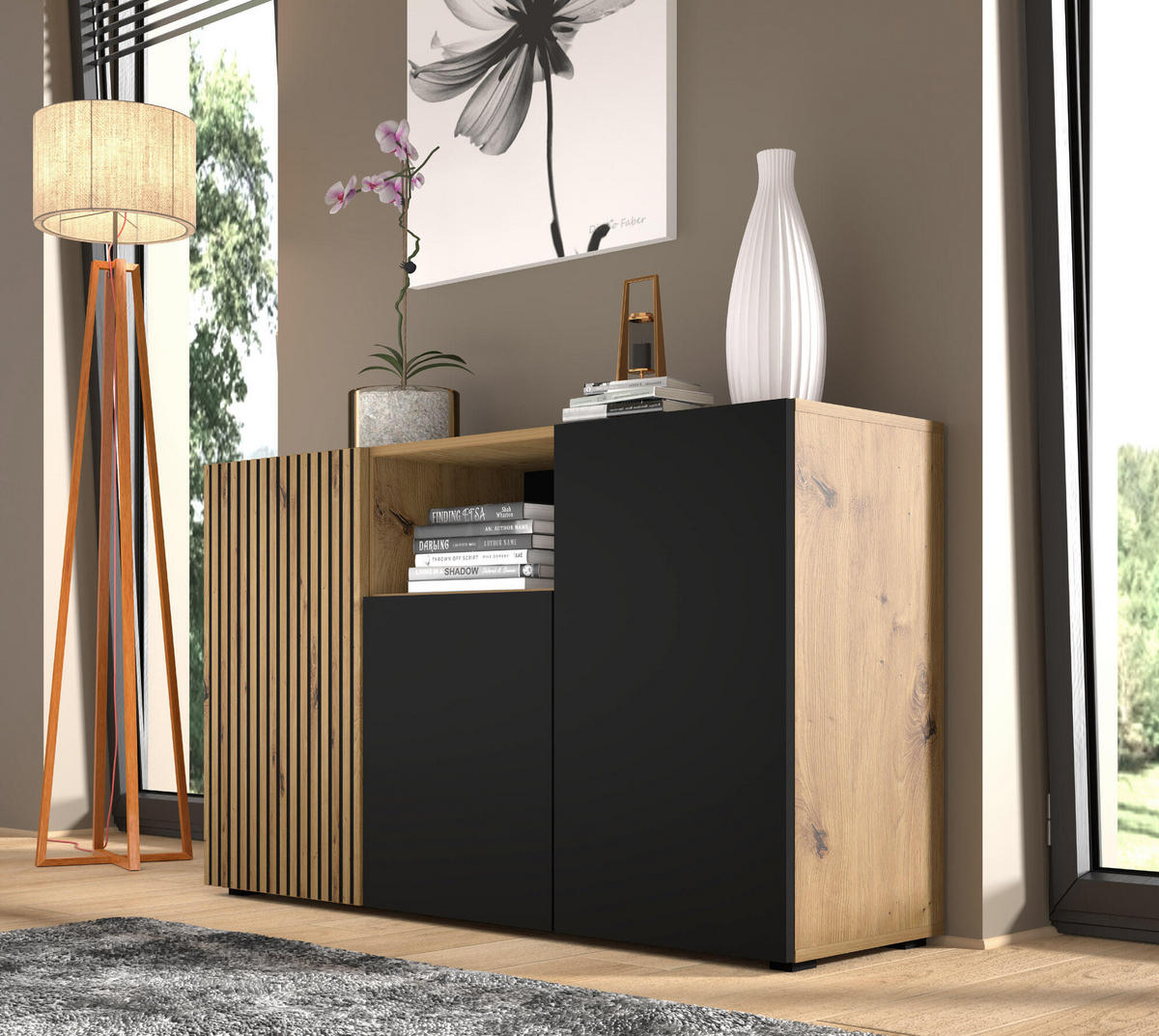 SIDEBOARD AURIS Beige, Schwarz 135x42x82 cm - Beige/Schwarz, Holzwerkstoff (135/82/42cm) - FURNLUX