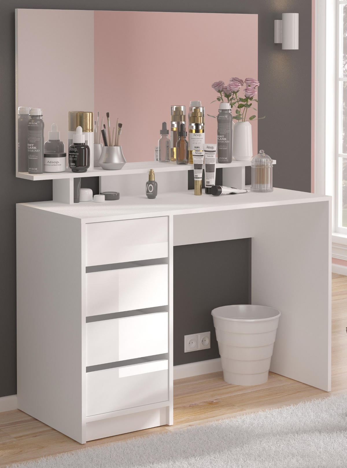 SCHMINKTISCH weiß Hochglanz 110 cm, Kosmetiktisch mit Schubladen und Spiegel - Weiß, Holzwerkstoff (110/145/48cm) - Inn.Furn