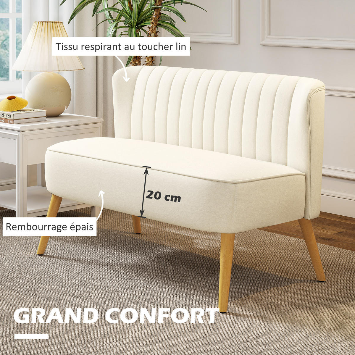 SOFA, 2-Sitzer, Leinenoptik, gepolstert, Gummibaumholzbeine, cremefarben, 117x56,5x77cm - Multicolor, Holzwerkstoff (117/77/56.5cm) - FORIOUS