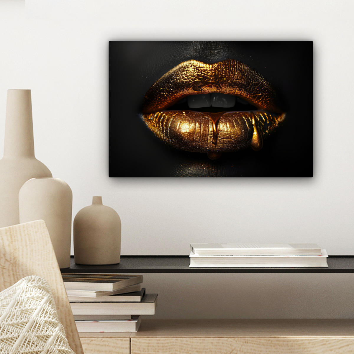 LEINWANDBILD Frau - Porträt - Lippen - Gold - Schwarz 30x20 cm - Schwarz, Textil (30/20cm) - MuchoWow