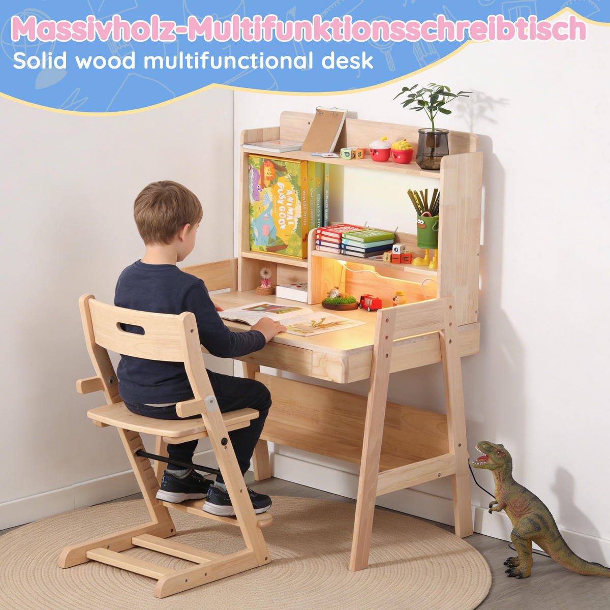 SCHREIBTISCH Naturfarben 84/60/127,5 cm mit LED-Lichtleiste und USB-Anschluss - Naturfarben, Holz (60/84/127.5cm) - PANGIVO