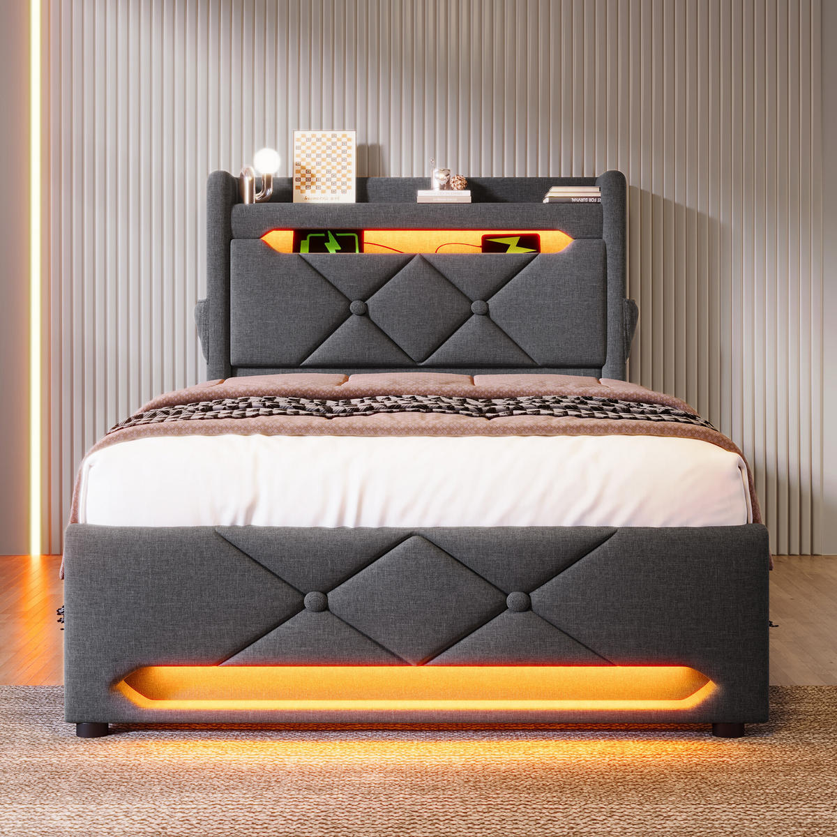 EINZELBETT mit Matratze, Stauraum und LED - Grau, Holzwerkstoff/Textil - Urban Meuble
