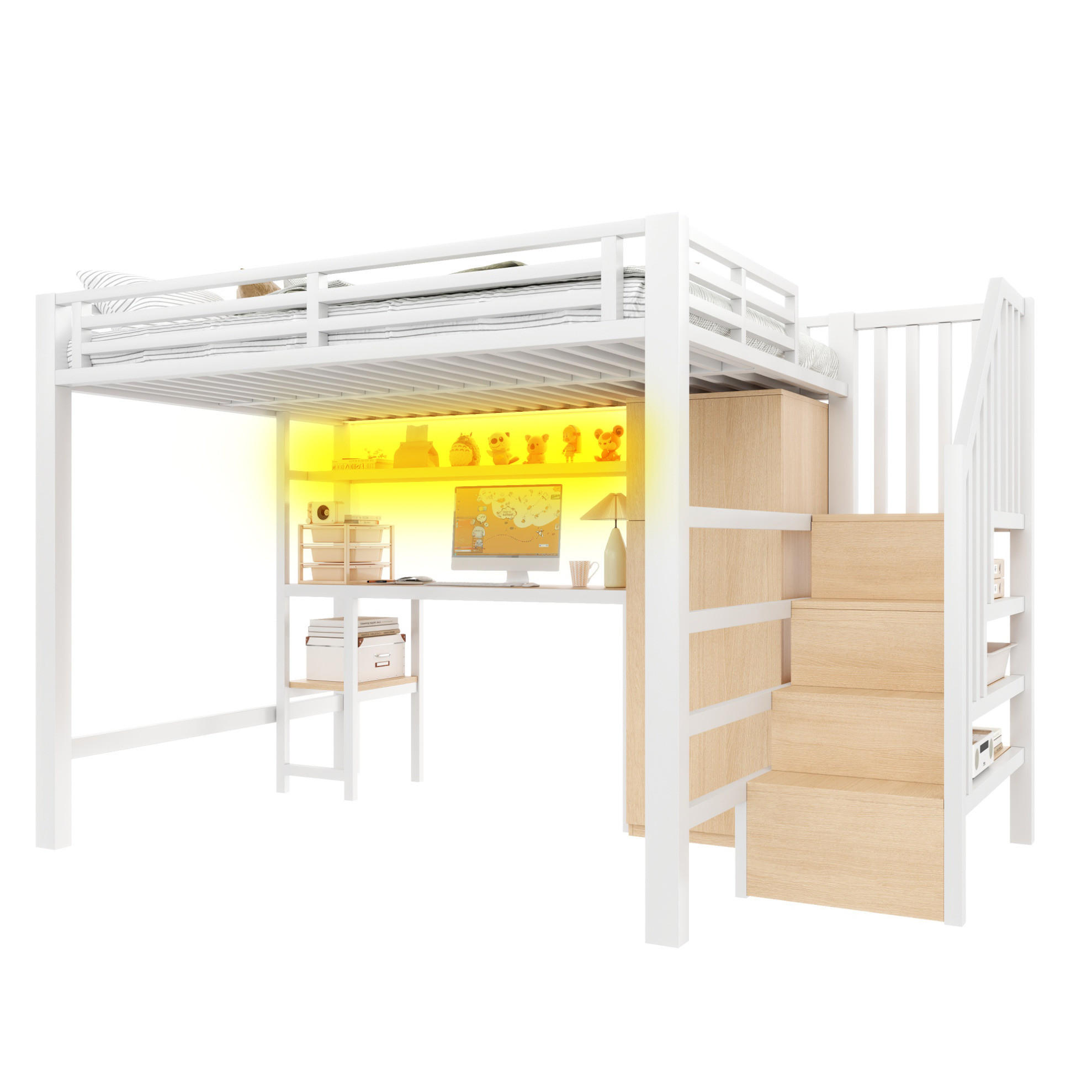 HOCHBETT Metall 140/200 cm mit Schreibtisch, Regal, Kleiderschrank und LED-Beleuchtung, Weiß - Weiß, Holzwerkstoff (140/200cm) - Redom