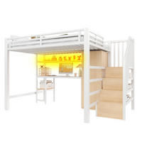 HOCHBETT Metall 140/200 cm mit Schreibtisch, Regal, Kleiderschrank und LED-Beleuchtung, Weiß - Weiß, Holzwerkstoff (140/200cm) - Redom