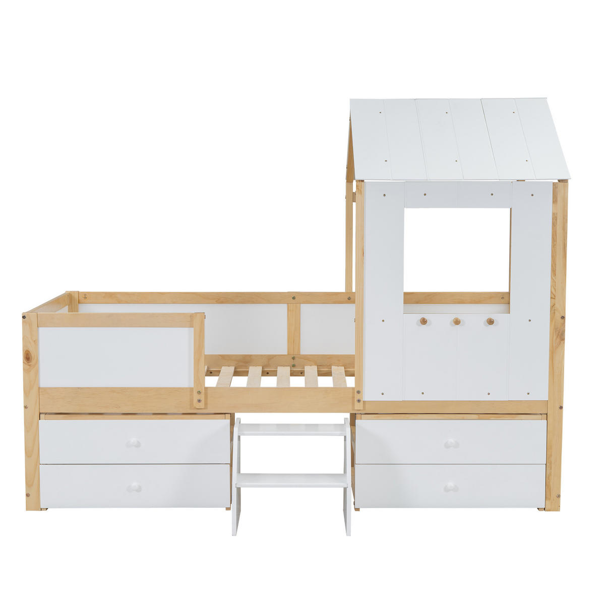 KINDERBETT Hausbett 90/200 cm, Weiß/Natur mit 4 Schubladen und Treppe - Weiß, Holz (90/200cm) - MIVRAY