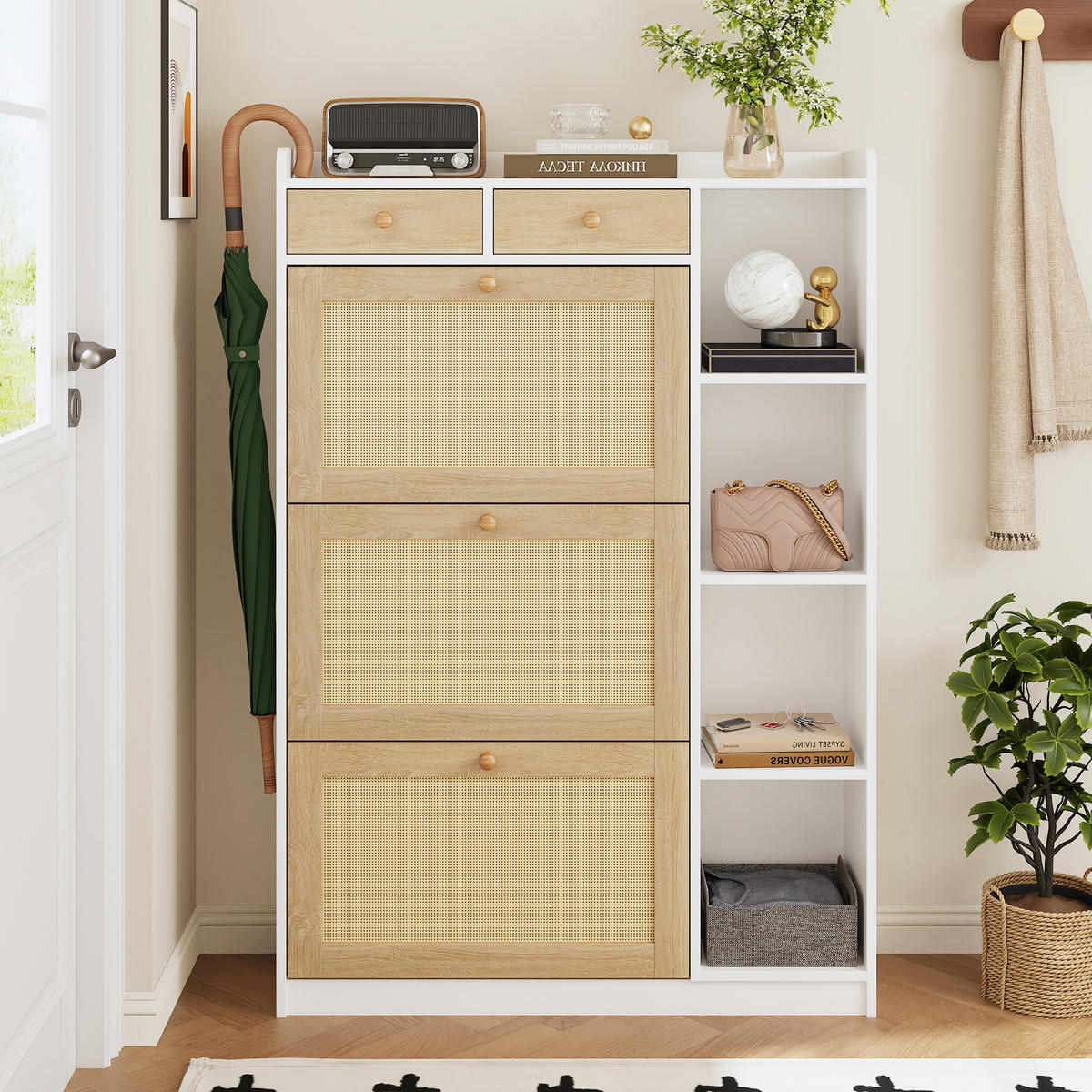 SCHUHSCHRANK 90x24x130cm Rattan mit 3 Klappen, 2 Schubl. - Weiß/Naturfarben, Holzwerkstoff (90/130/24cm) - FLIEKS
