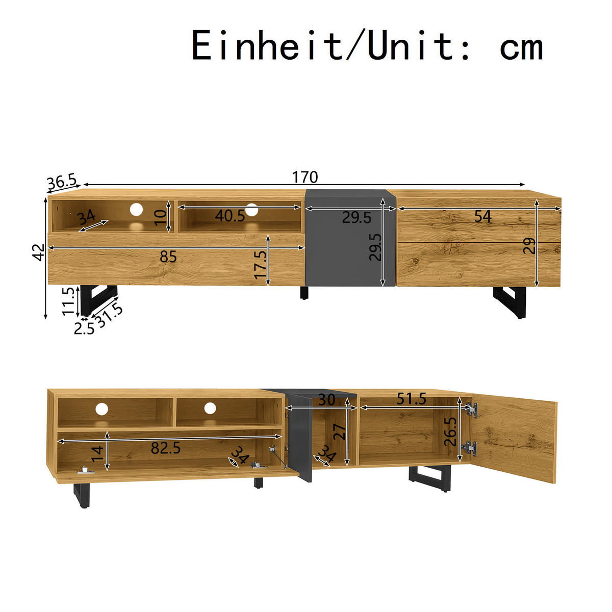 TV-LOWBOARD Dunkelgrau-Natur 170/36.5/42 cm - Dunkelgrau, Holzwerkstoff (170/42/36.5cm) - PANGIVO