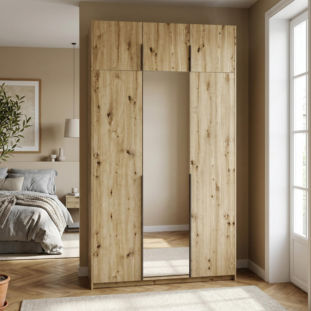 DREHTÜRENSCHRANK THALIA 148/250/58cm 3-türig mit Spiegel Eiche Artisan - Eiche Artisan, Holzwerkstoff (148/250/58cm) - MASSENO