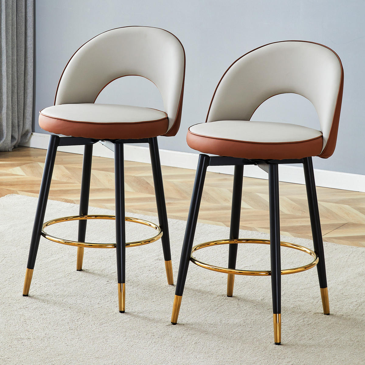 BARHOCKER 2er-Set Hellgrau/Braun mit PU-Leder und 360° Drehfunktion - Braun, Metall (47.4/92/44cm) - PANGIVO