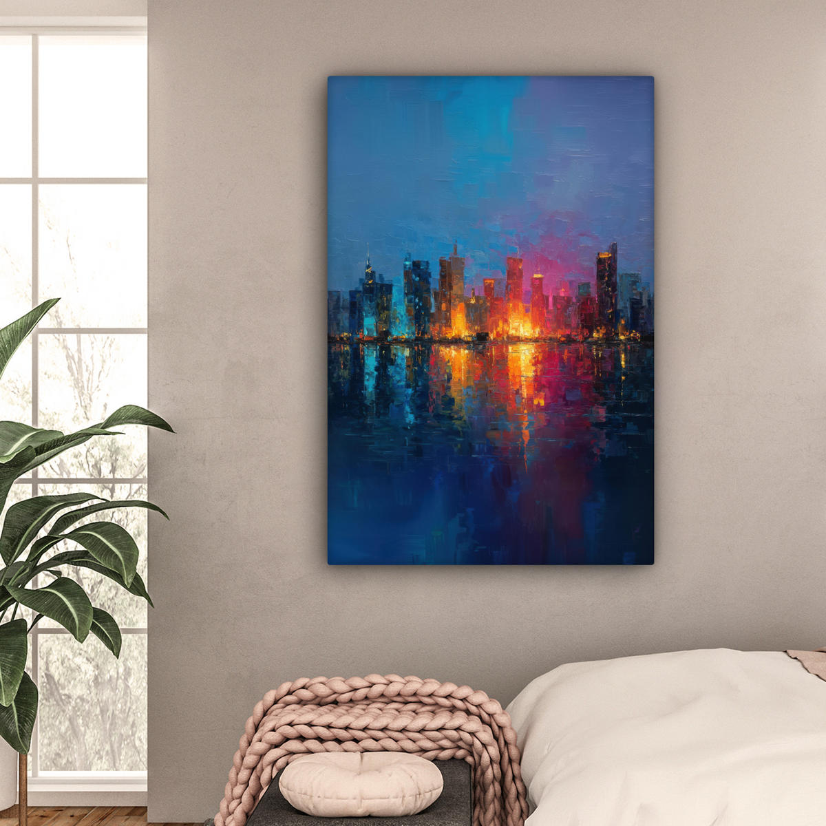 LEINWANDBILD Skyline - Pinselstriche - Dunkelblau - Leuchtend Deko XXL 80x120 cm - Blau, Textil (80/120cm) - MuchoWow