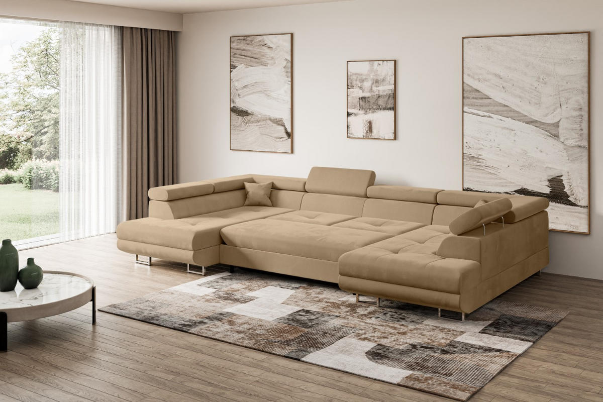 WOHNLANDSCHAFT mit Schlaffunktion und Bettkasten GUSA-U 342x202x107 cm Beige Velours - Beige/Silberfarben, Holzwerkstoff/Textil (342/107/202cm) - ALTDECOR