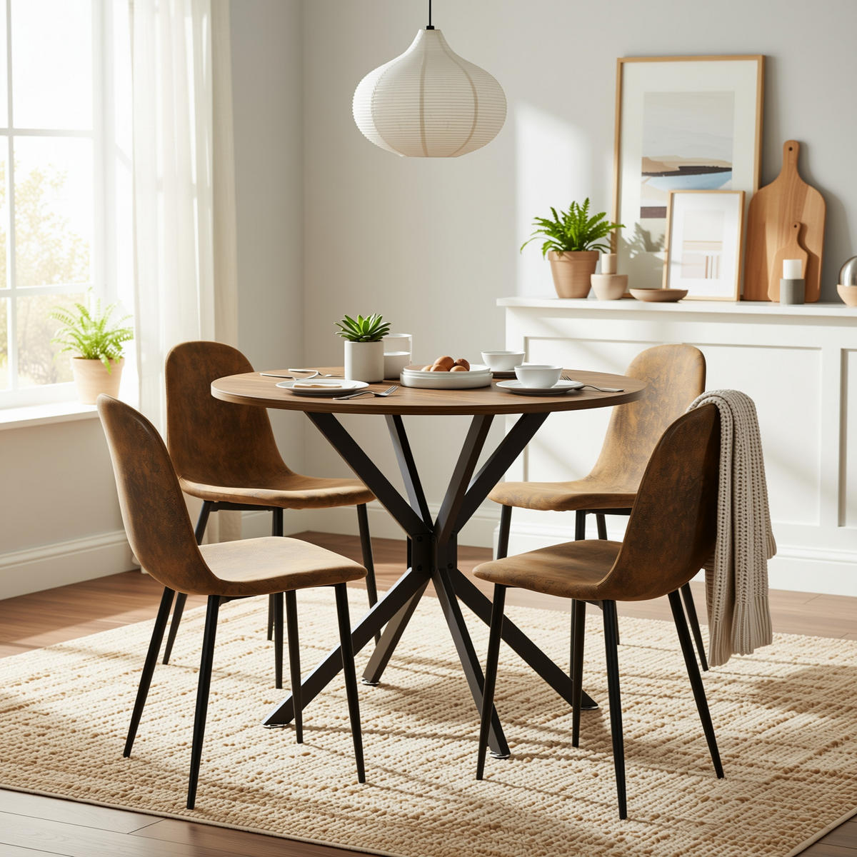 TISCHGRUPPE 5-teilig Runder Esstisch Ø 90 cm in Holzoptik & 4 Stühle Vintage-Braun - Dunkelbraun/Schwarz, Holzwerkstoff/Textil (90/78/90cm) - Urban Meuble