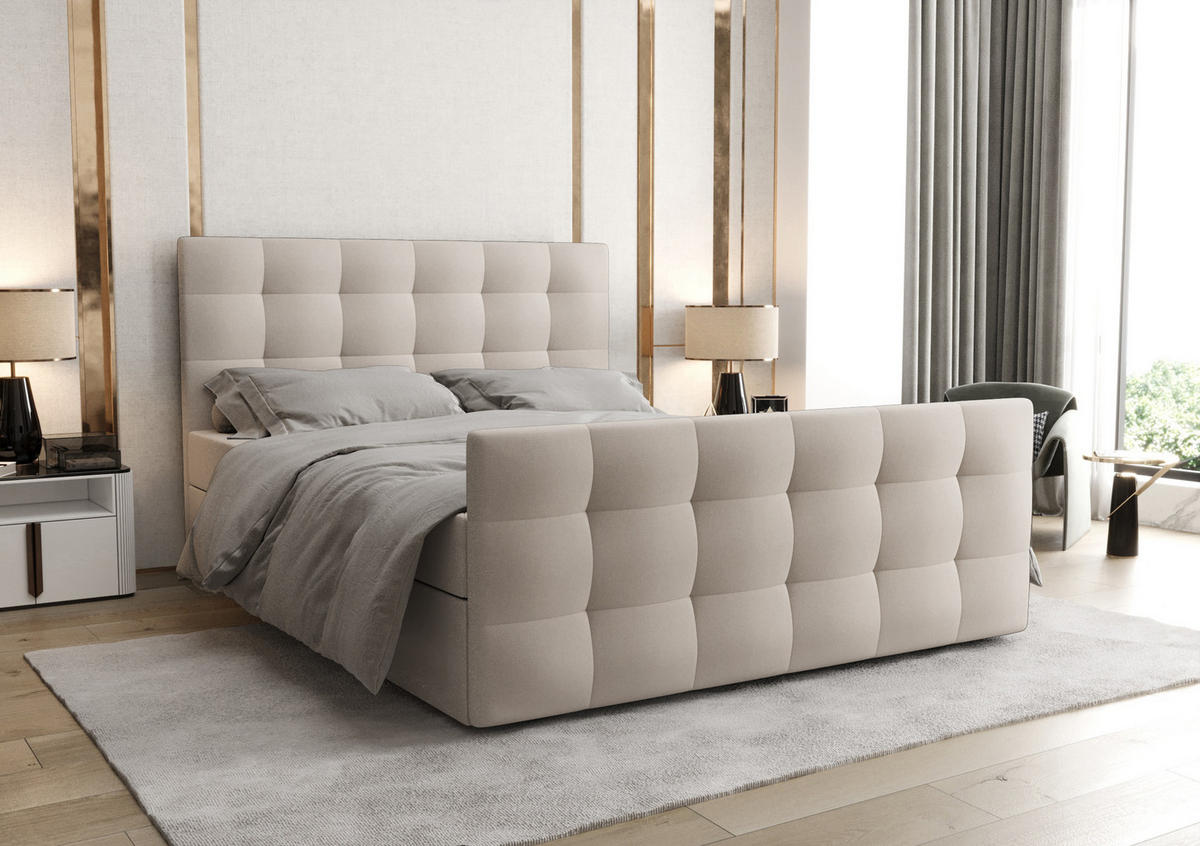 BOXBETT Orchido 140/200 cm in Beige – mit Bettkasten und Komfort - Beige/Schwarz, Holz/Holzwerkstoff (140/200cm) - AX Living