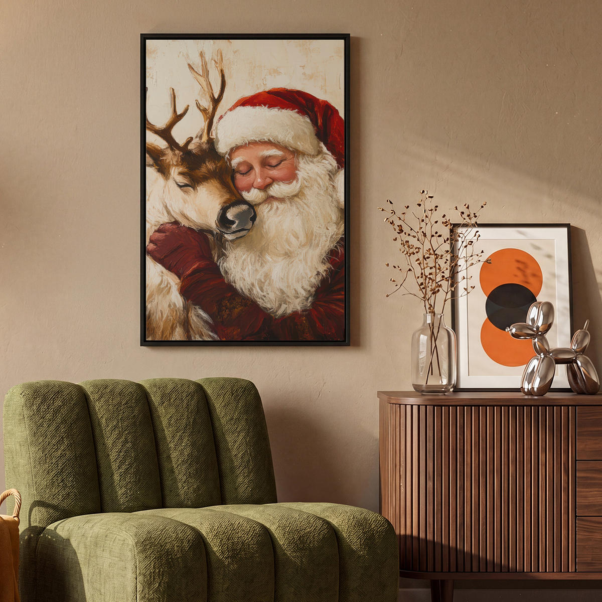 LEINWAND Bilder mit Rahmen - Weihnachtsmann - Rentier - Weihnachten - 60x90 - Rotbraun, Textil (60/90cm) - MuchoWow