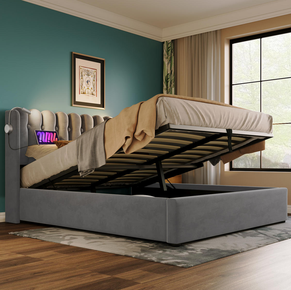 POLSTERBETT 90/200 cm Grau aus Samt mit Bettkasten und USB - Grau, Textil (90/200cm) - OKMYHOME