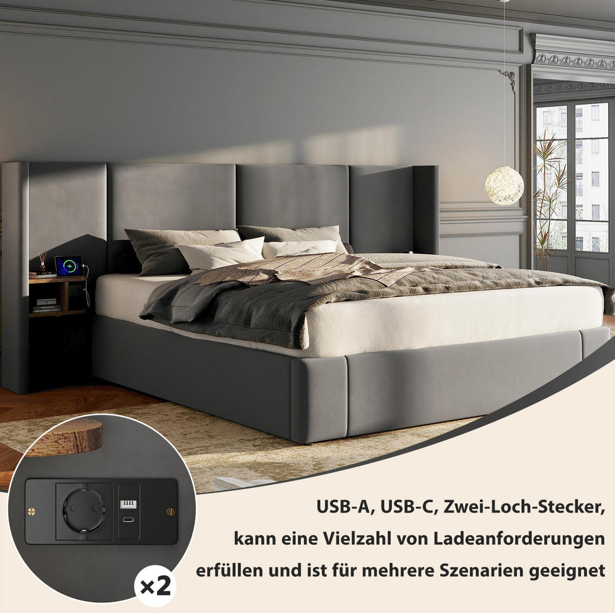 POLSTERBETT aus Samt 160x200 cm Beige mit Bettkasten, USB-Anschlüssen, Steckdosen und 2 Nachttischen - Beige, Textil (160/200cm) - IVMEU