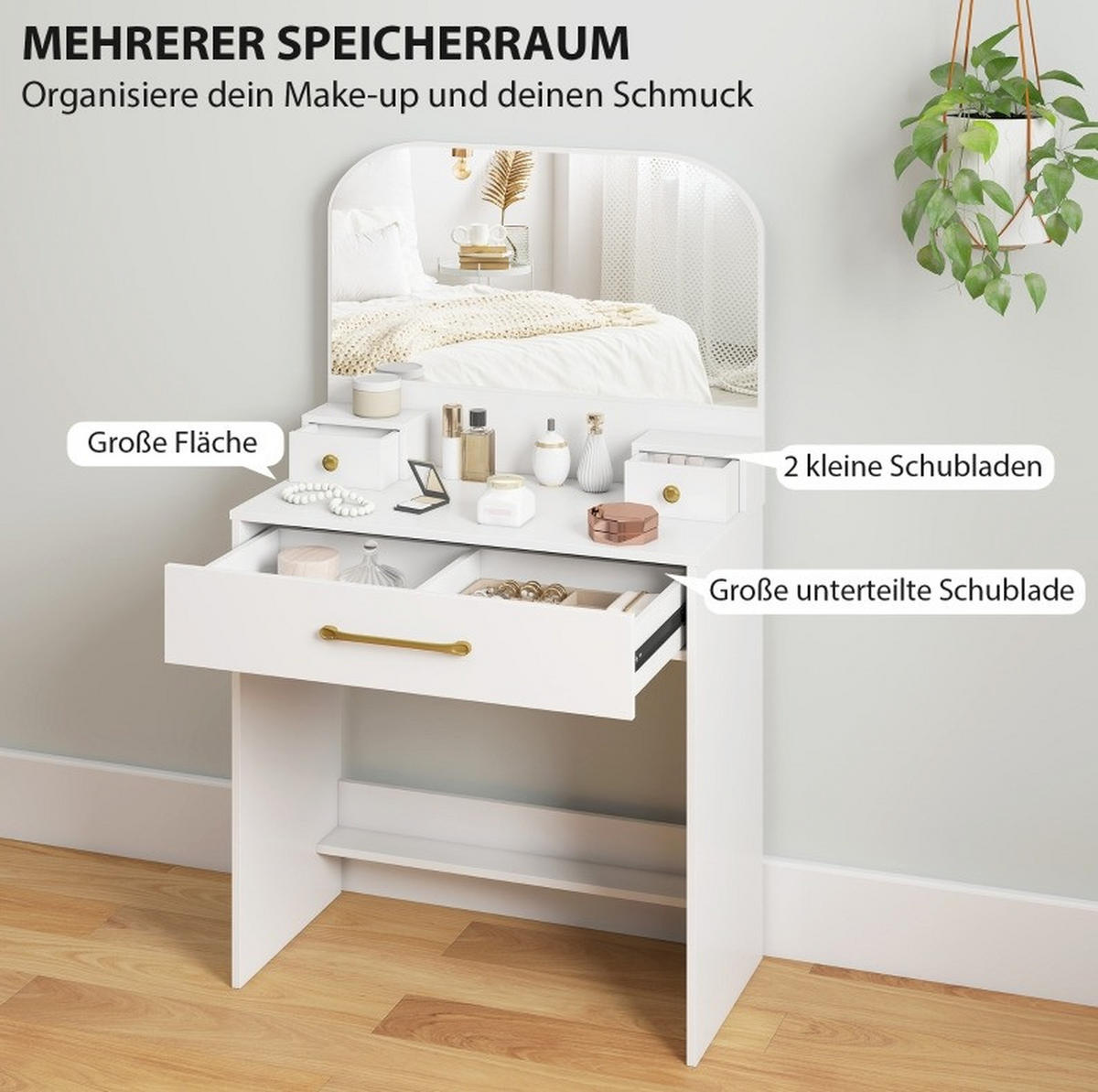 SCHMINKTISCH 80/40/135 cm in Weiß mit Spiegel und 3 Schubladen - Weiß, Holz (40/135/80cm) - Flora Grace