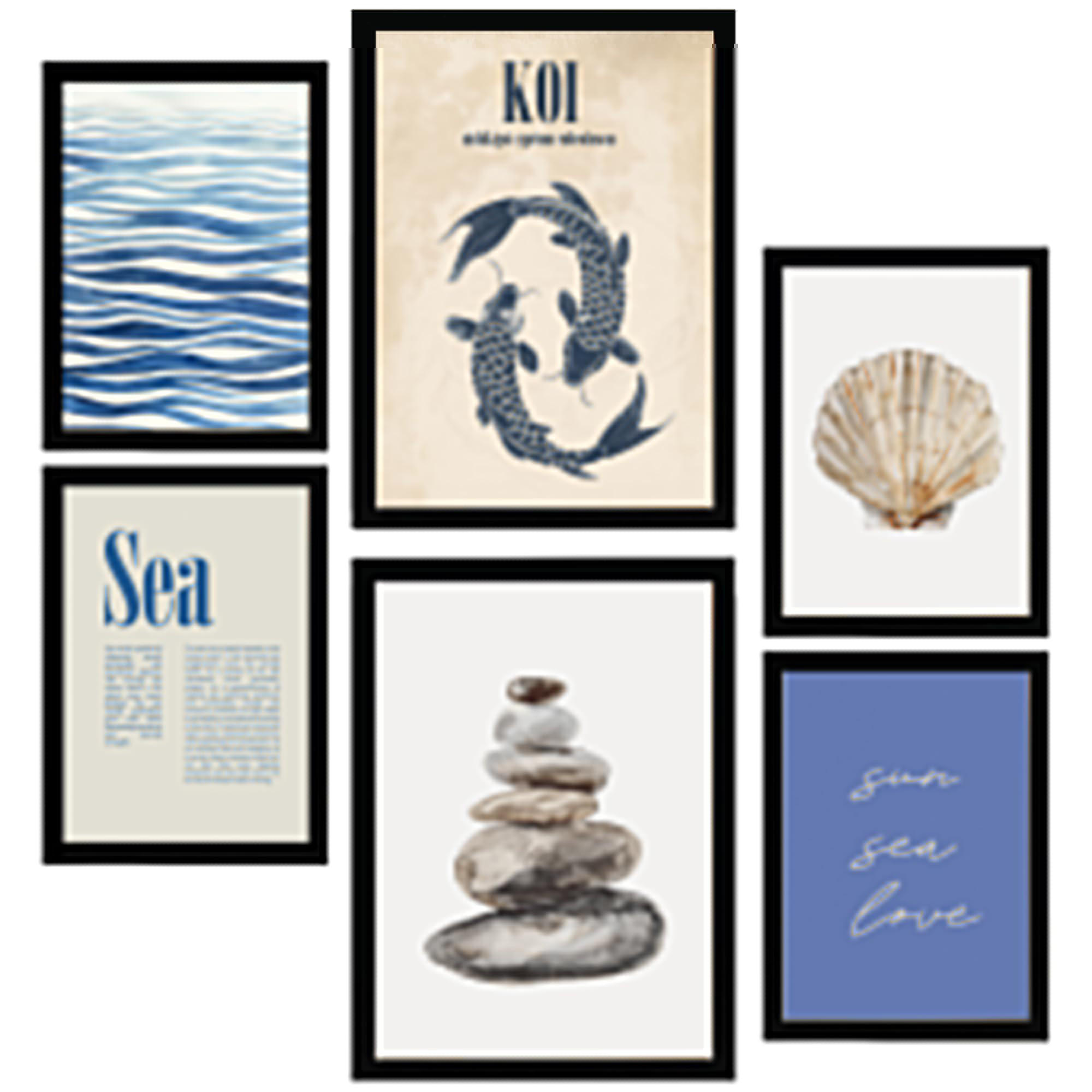 POSTER Set Mit 6 Meer, Ozean, Marine A3 & A4 Schwarzer Rahmen - Schwarz, Papier (29/3cm) - Nacnic