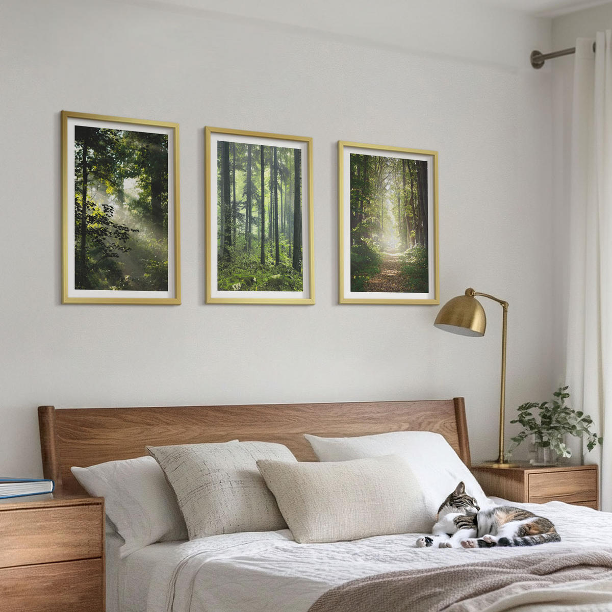 BILDER SET 3er Set - 40x60 cm Goldrahmen - Grüne Wälder mit Lichtstrahlen - Goldfarben, Kunststoff (40/60cm) - TULUP